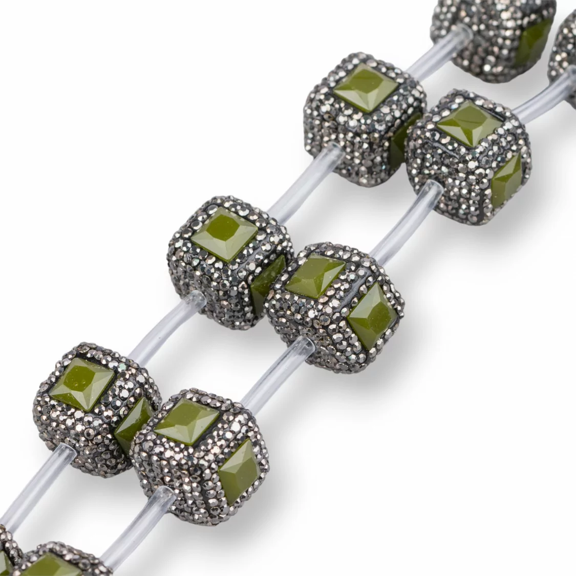 Perline a Filo Di Marcasite Strass Cubo Con Pietre 18mm 10pz Nero Verde-PERLINE CON MARCASITE STRASS | Worldofjewel.com