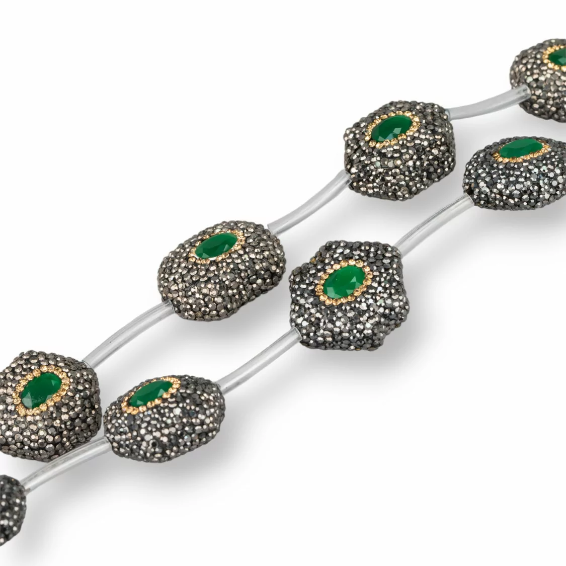 Perline a Filo Di Marcasite Strass Esagono 25mm 8pz Nero Con Pietra Verde-PERLINE CON MARCASITE STRASS | Worldofjewel.com