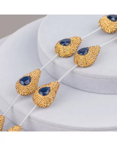 Perline a Filo Di Marcasite Strass Gocce 20x28mm 7pz Dorato + Blu Zaffiro-PERLINE CON MARCASITE STRASS | Worldofjewel.com