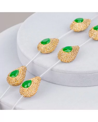 Perline a Filo Di Marcasite Strass Gocce 20x28mm 7pz Dorato + Verde Smeraldo-PERLINE CON MARCASITE STRASS | Worldofjewel.com