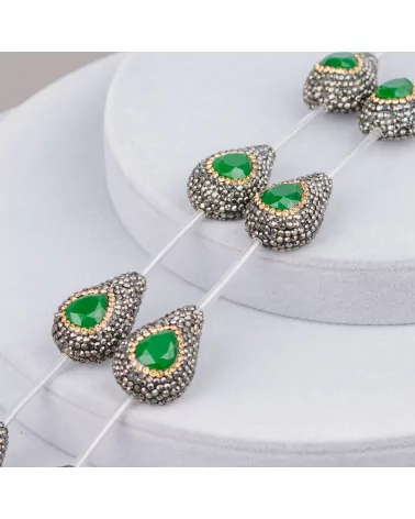 Perline a Filo Di Marcasite Strass Gocce 20x28mm 7pz Nero + Verde Smeraldo e Dorato-PERLINE CON MARCASITE STRASS | Worldofjewel.com