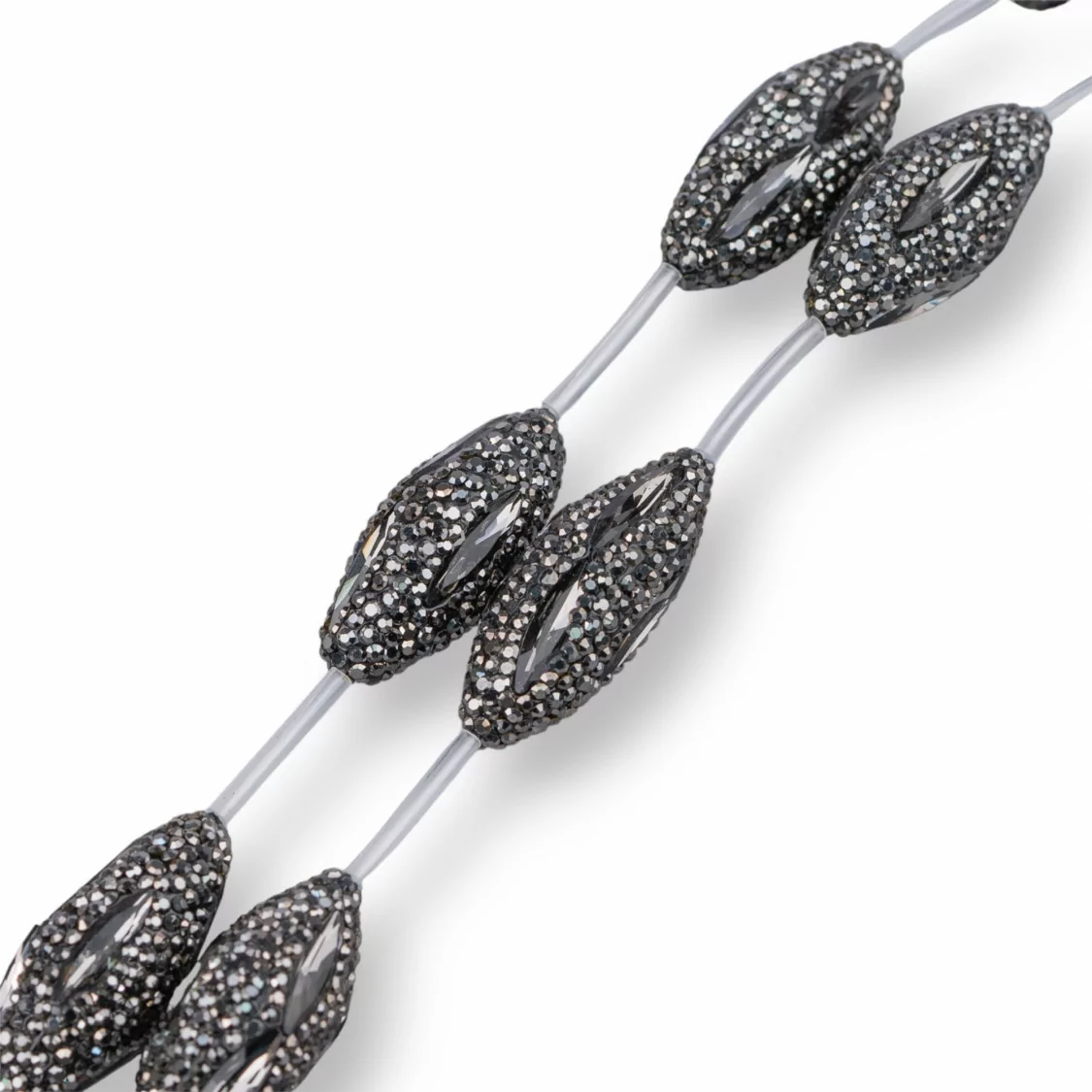 Perline a Filo Di Marcasite Strass Ovale Oliva Con Cristalli 15x35mm 6pz Nero-PERLINE CON MARCASITE STRASS | Worldofjewel.com