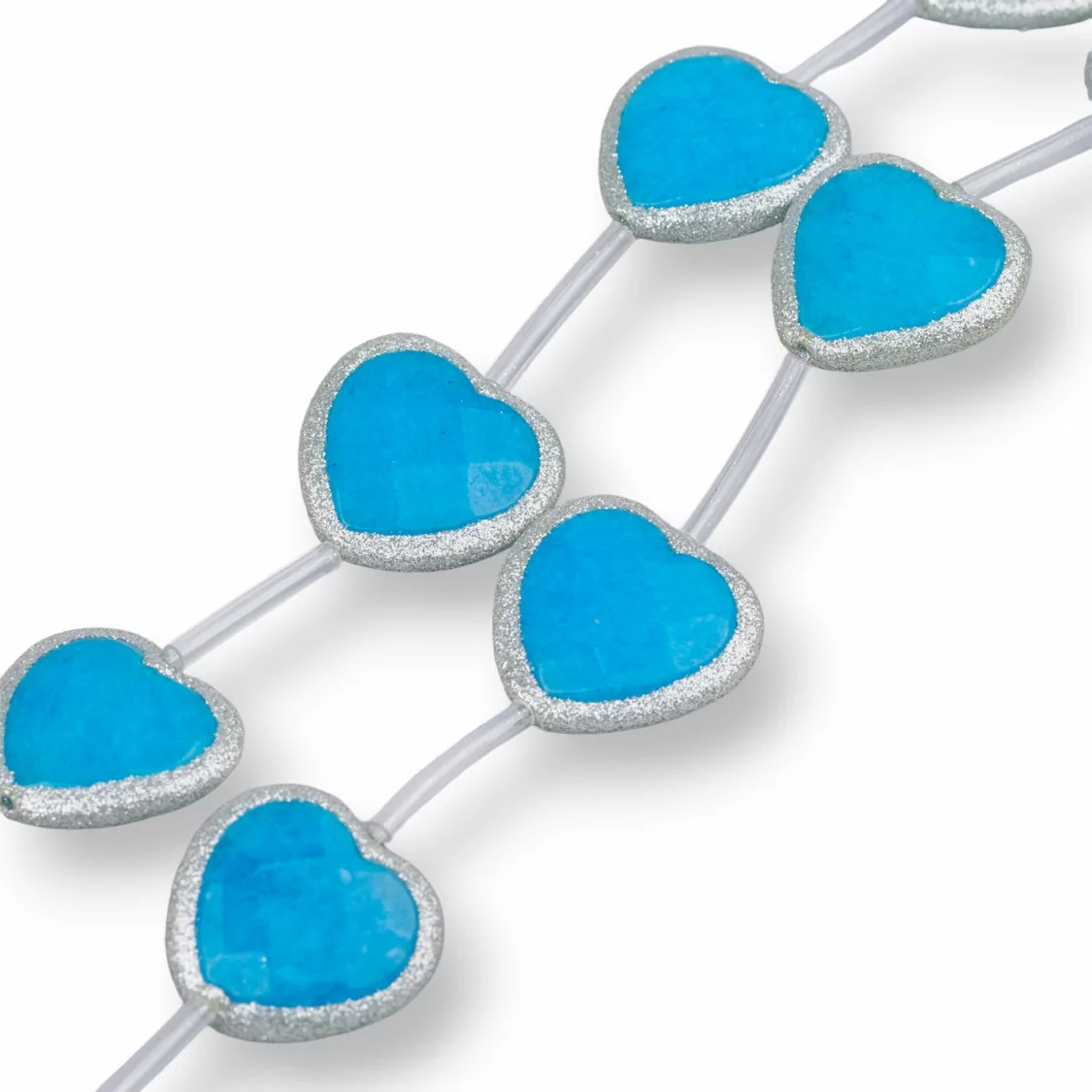 Perline A Filo Di Giada Blu Cuore Piatto Sfaccettato Con Glitter 23mm 8pz Argentato-PIETRE DURE BORDATE | Worldofjewel.com