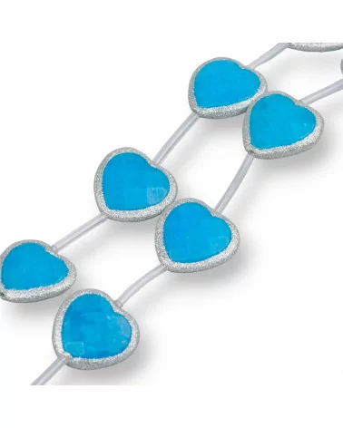 Perline A Filo Di Giada Blu Cuore Piatto Sfaccettato Con Glitter 23mm 8pz Argentato-PIETRE DURE BORDATE | Worldofjewel.com