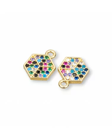 Componente Pendente Di Bronzo Con Zirconi Multicolor Pavè Cubo Piatto Con Un Anellino 08x11mm 15pz-CIONDOLI DI OTTONE | Worldofjewel.com