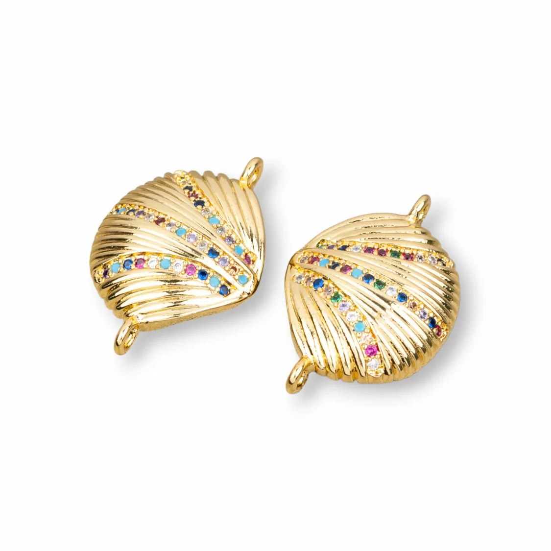 Connettore Componente Di Bronzo Con Zirconi Multicolor Pavè Conchiglia Con 2 Anellini 14x22mm 6pz-COMPONENTI DI METALLO | Worldofjewel.com