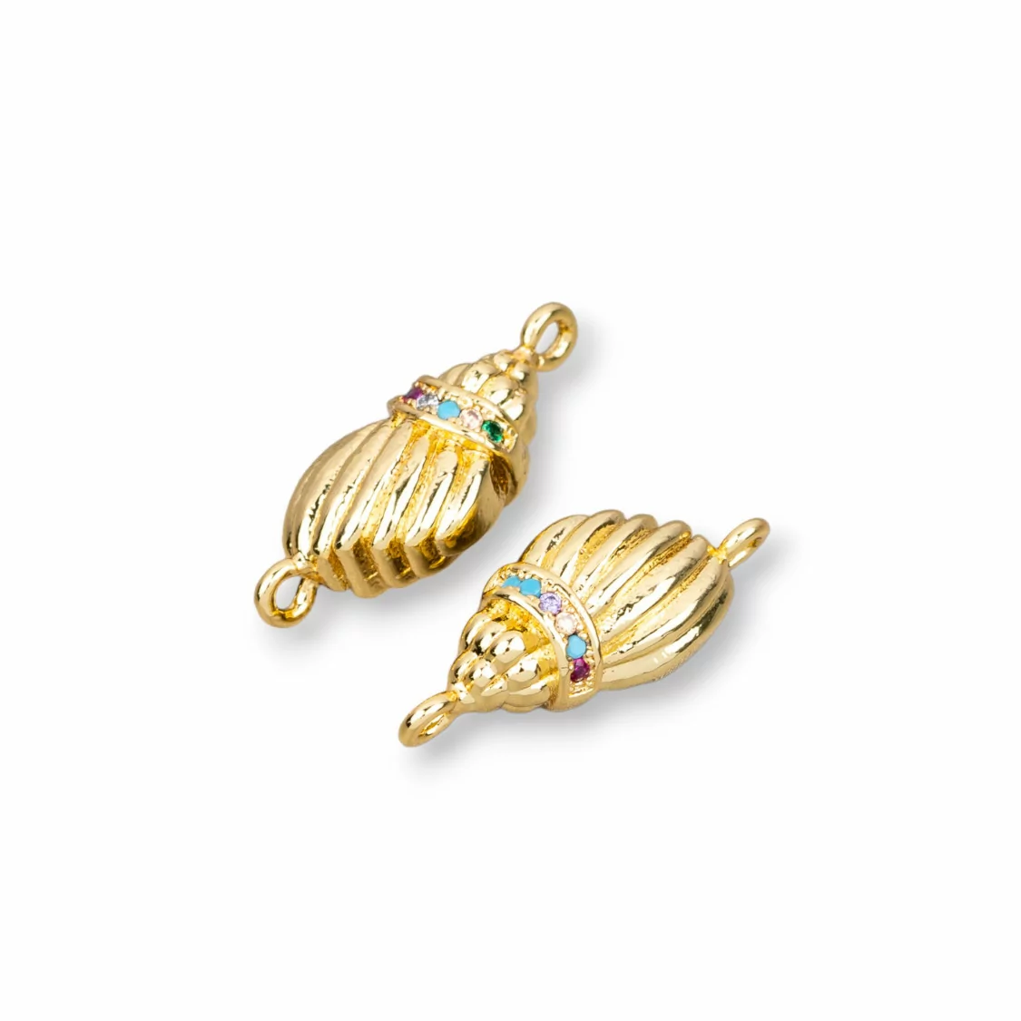 Connettore Componente Di Bronzo Con Zirconi Multicolor Pavè Conchiglia Rigata Con 2 Anellini 08x19mm 8pz-COMPONENTI DI METALLO | Worldofjewel.com