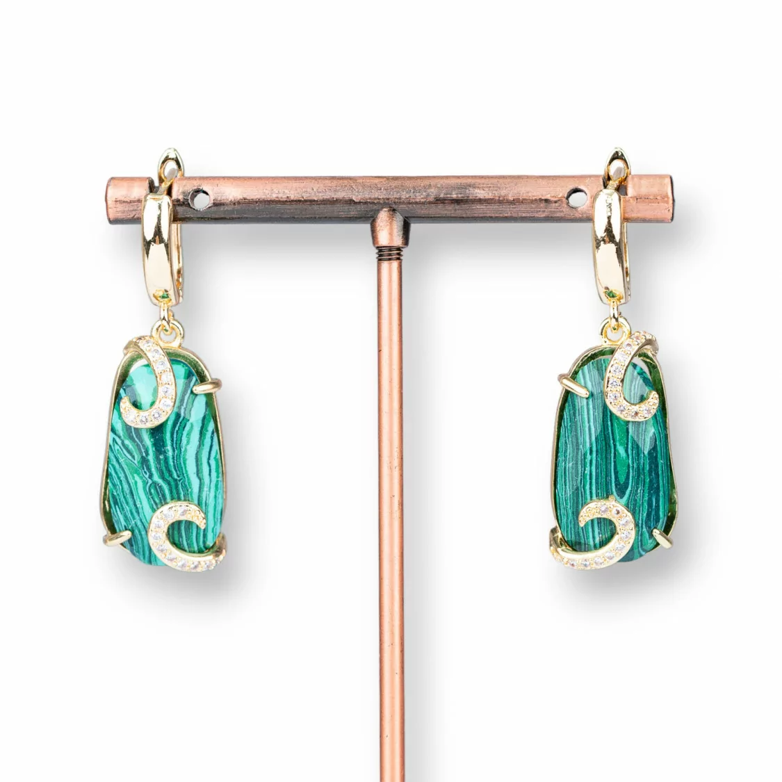 Orecchini A Monachella Di Bronzo Con Occhio Di Gatto Con Zirconi 14x42mm Pasta Di Malachite-BRONZO CRYSTAL | Worldofjewel.com