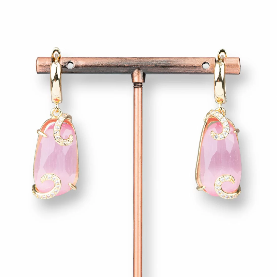 Orecchini A Monachella Di Bronzo Con Occhio Di Gatto Con Zirconi 14x42mm Rosa-BRONZO CRYSTAL | Worldofjewel.com