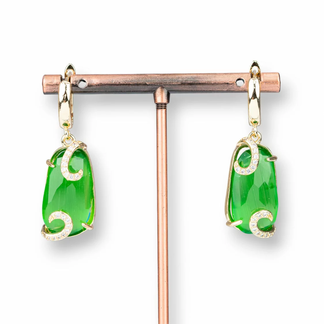 Orecchini A Monachella Di Bronzo Con Occhio Di Gatto Con Zirconi 14x42mm Verde Chiaro-BRONZO CRYSTAL | Worldofjewel.com