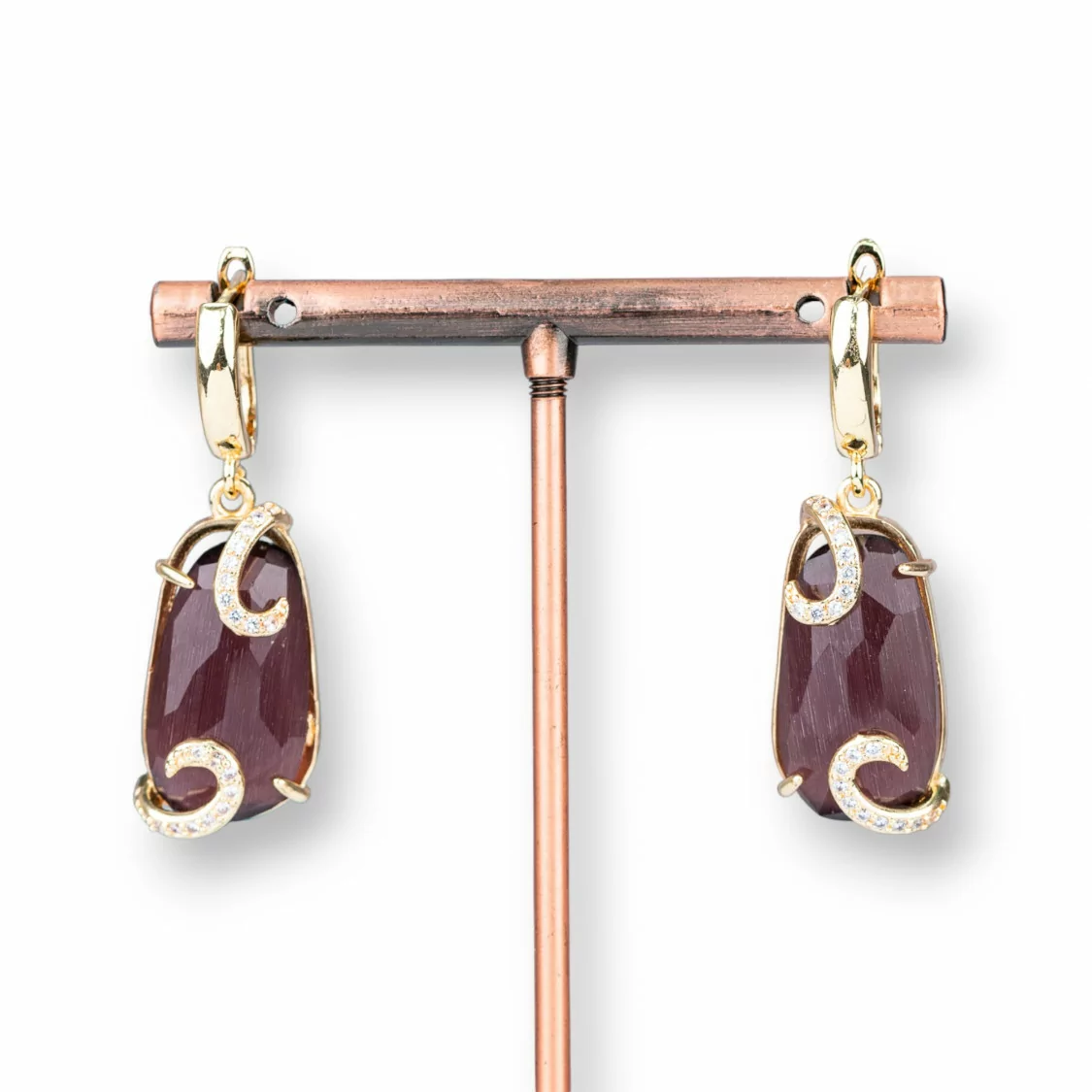 Orecchini A Monachella Di Bronzo Con Occhio Di Gatto Con Zirconi 14x42mm Viola-BRONZO CRYSTAL | Worldofjewel.com