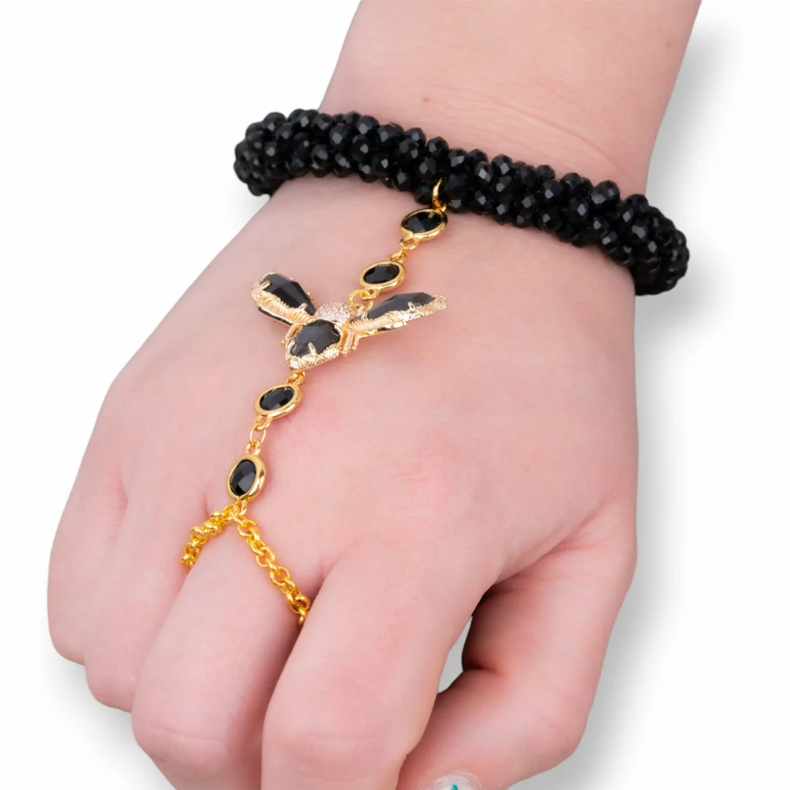 Bracciali Baciamano Di Bronzo e Occhi di Gatto E Cristalli Nero-BRACCIALI BRONZO E OCCHIO DI GATTO | Worldofjewel.com