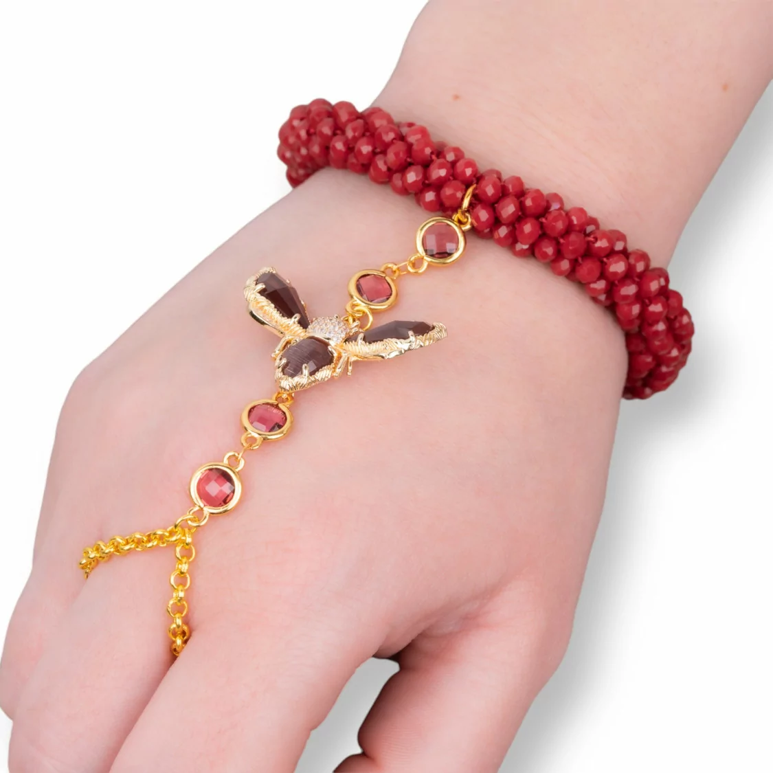 Bracciali Baciamano Di Bronzo e Occhi di Gatto E Cristalli Rosso-BRACCIALI BRONZO E OCCHIO DI GATTO | Worldofjewel.com