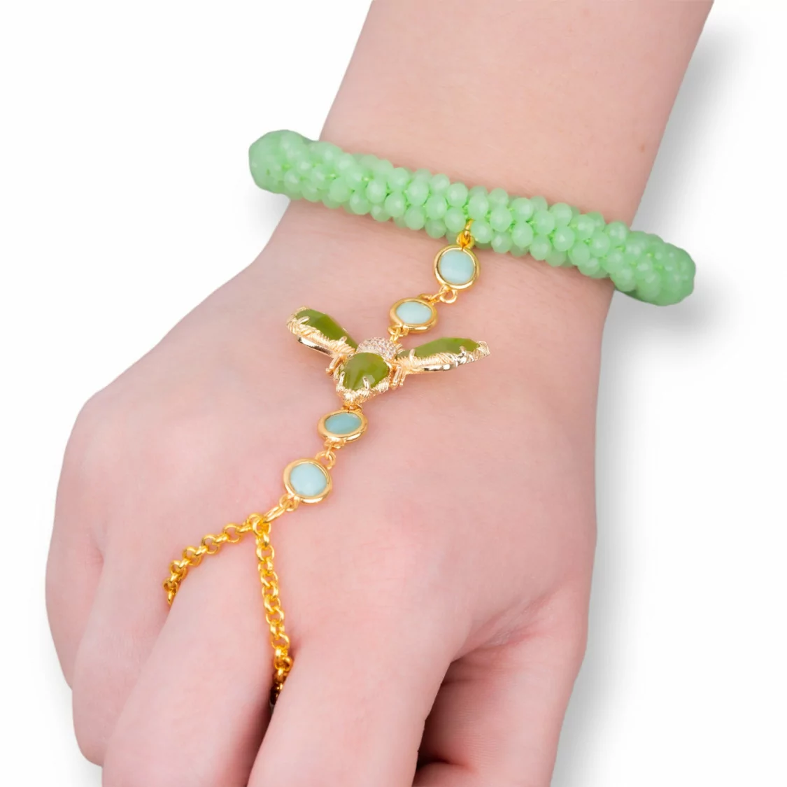 Bracciali Baciamano Di Bronzo e Occhi di Gatto E Cristalli Verde-BRACCIALI BRONZO E OCCHIO DI GATTO | Worldofjewel.com