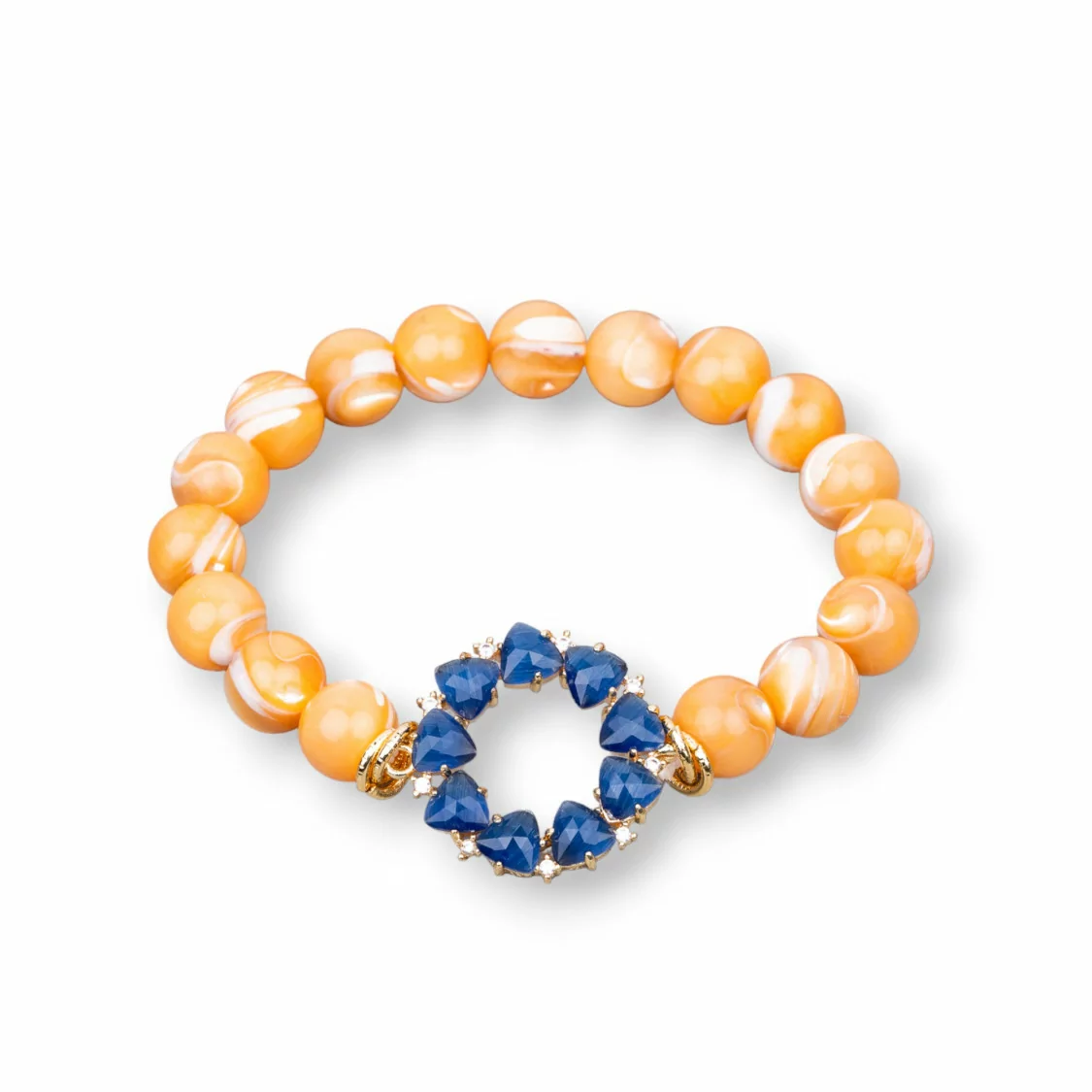 Bracciale Di Bronzo e Occhi di Gatto E Madreperla Con Centrale A Cerchietto Zirconato Arancio Blu-BRACCIALI BRONZO E OCCHIO DI GATTO | Worldofjewel.com