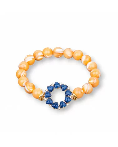 Bracciale Di Bronzo e Occhi di Gatto E Madreperla Con Centrale A Cerchietto Zirconato Arancio Blu-BRACCIALI BRONZO E OCCHIO DI GATTO | Worldofjewel.com