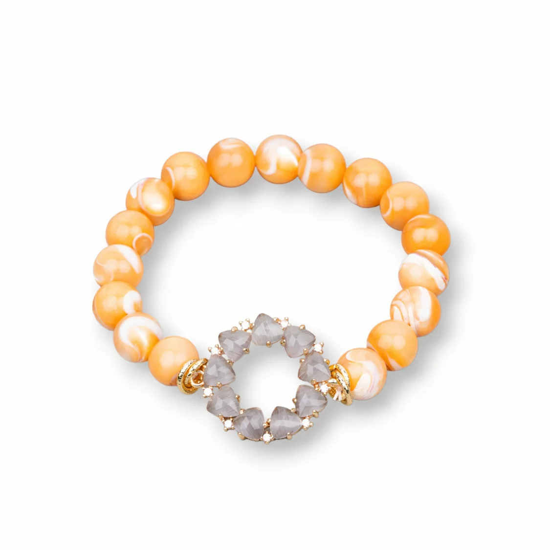 Bracciale Di Bronzo e Occhi di Gatto E Madreperla Con Centrale A Cerchietto Zirconato Arancio Grigio-BRACCIALI BRONZO E OCCHIO DI GATTO | Worldofjewel.com