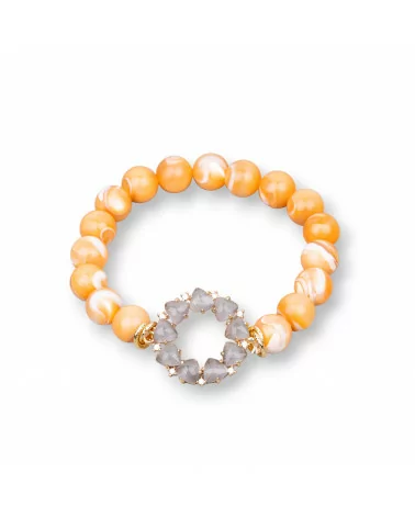 Bracciale Di Bronzo e Occhi di Gatto E Madreperla Con Centrale A Cerchietto Zirconato Arancio Grigio-BRACCIALI BRONZO E OCCHIO DI GATTO | Worldofjewel.com