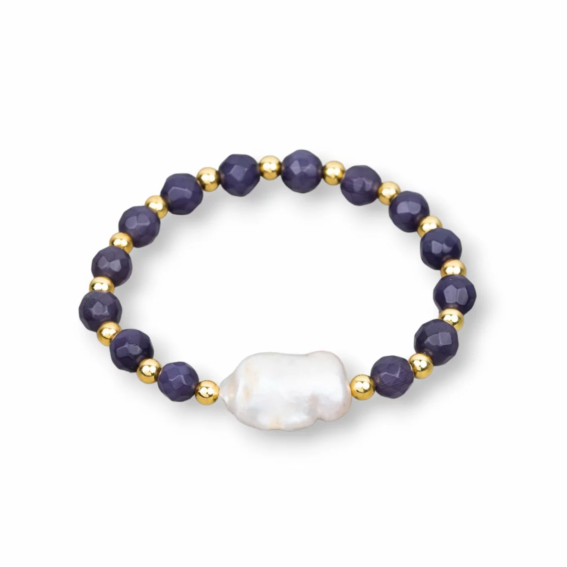 Bracciali Elasticizzato Di Perle Di Fiume Occhio Di Gatto E Ematite Viola-BRACCIALI DI PIETRE E PERLE | Worldofjewel.com