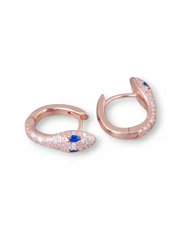 Orecchini Perno Chiuso Di Argento 925 Con Zirconi Micropave' Cerchietto A Serpente 13x17mm 1 Paio Oro Rosa Bianco Occhi Blu-ARGENTO 925 DESIGN ITALY | Worldofjewel.com