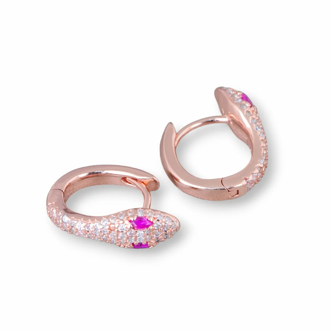 Orecchini Perno Chiuso Di Argento 925 Con Zirconi Micropave' Cerchietto A Serpente 13x17mm 1 Paio Oro Rosa Bianco Occhi Rossi-ARGENTO 925 DESIGN ITALY | Worldofjewel.com