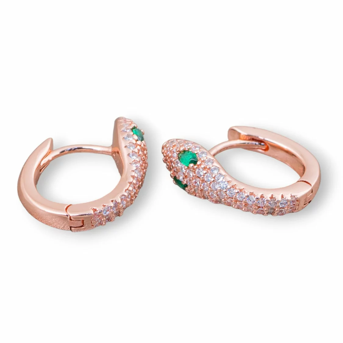 Orecchini Perno Chiuso Di Argento 925 Con Zirconi Micropave' Cerchietto A Serpente 13x17mm 1 Paio Oro Rosa Bianco Occhi Verdi-ARGENTO 925 DESIGN ITALY | Worldofjewel.com