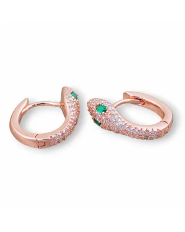 Orecchini Perno Chiuso Di Argento 925 Con Zirconi Micropave' Cerchietto A Serpente 13x17mm 1 Paio Oro Rosa Bianco Occhi Verdi-ARGENTO 925 DESIGN ITALY | Worldofjewel.com