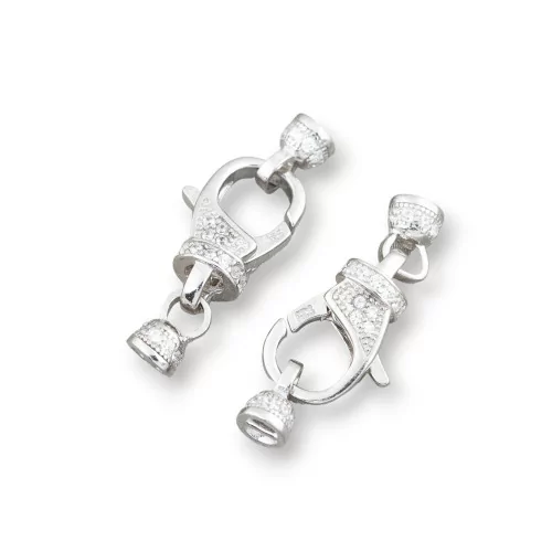 Fermoir Argent 925 Avec Zircons Mousqueton Avec Cuvettes 9x24mm Cuvettes 4mm 3pcs Rhodium