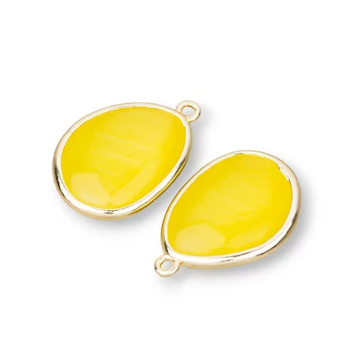 Componente Pendente Di Bronzo Con Occhio Di Gatto Incastonati Mango 18x25mm Con 1 Anellino 8pz Giallo Chiaro-CABOCHON BORDATI E INCASTONATI | Worldofjewel.com