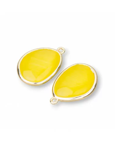 Componente Pendente Di Bronzo Con Occhio Di Gatto Incastonati Mango 18x25mm Con 1 Anellino 8pz Giallo Chiaro-CABOCHON BORDATI E INCASTONATI | Worldofjewel.com