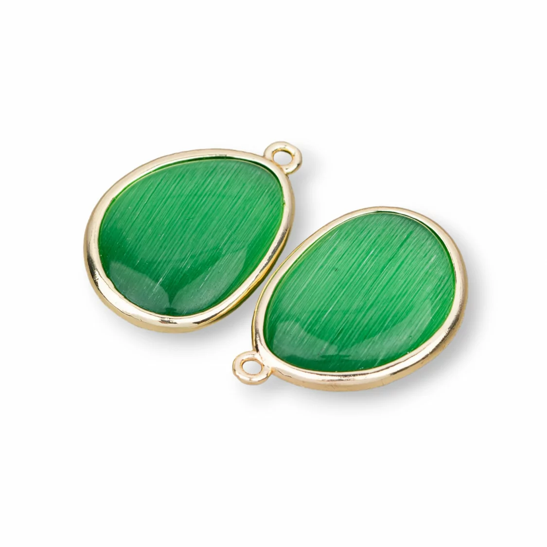 Componente Pendente Di Bronzo Con Occhio Di Gatto Incastonati Mango 18x25mm Con 1 Anellino 8pz Verde-CABOCHON BORDATI E INCASTONATI | Worldofjewel.com