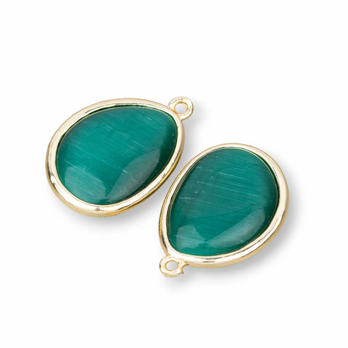 Componente Pendente Di Bronzo Con Occhio Di Gatto Incastonati Mango 18x25mm Con 1 Anellino 8pz Verde Smeraldo-CABOCHON BORDATI E INCASTONATI | Worldofjewel.com