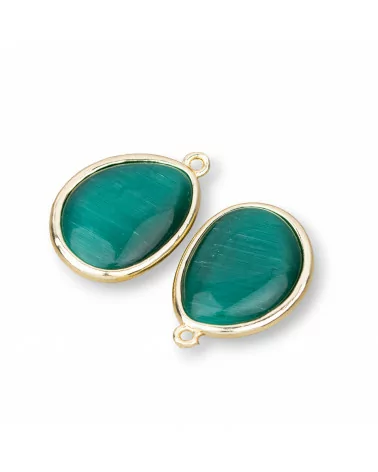 Componente Pendente Di Bronzo Con Occhio Di Gatto Incastonati Mango 18x25mm Con 1 Anellino 8pz Verde Smeraldo-CABOCHON BORDATI E INCASTONATI | Worldofjewel.com