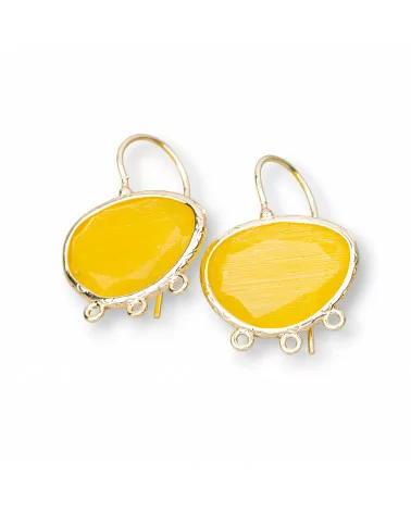 Base Per Orecchini A Monachella Di Bronzo Con Occhio Di Gatto Mango Bordato 22x30mm Con 3 Anellini 3 Paia Giallo Intenso-BASI CON PIETRE E PERLINE | Worldofjewel.com