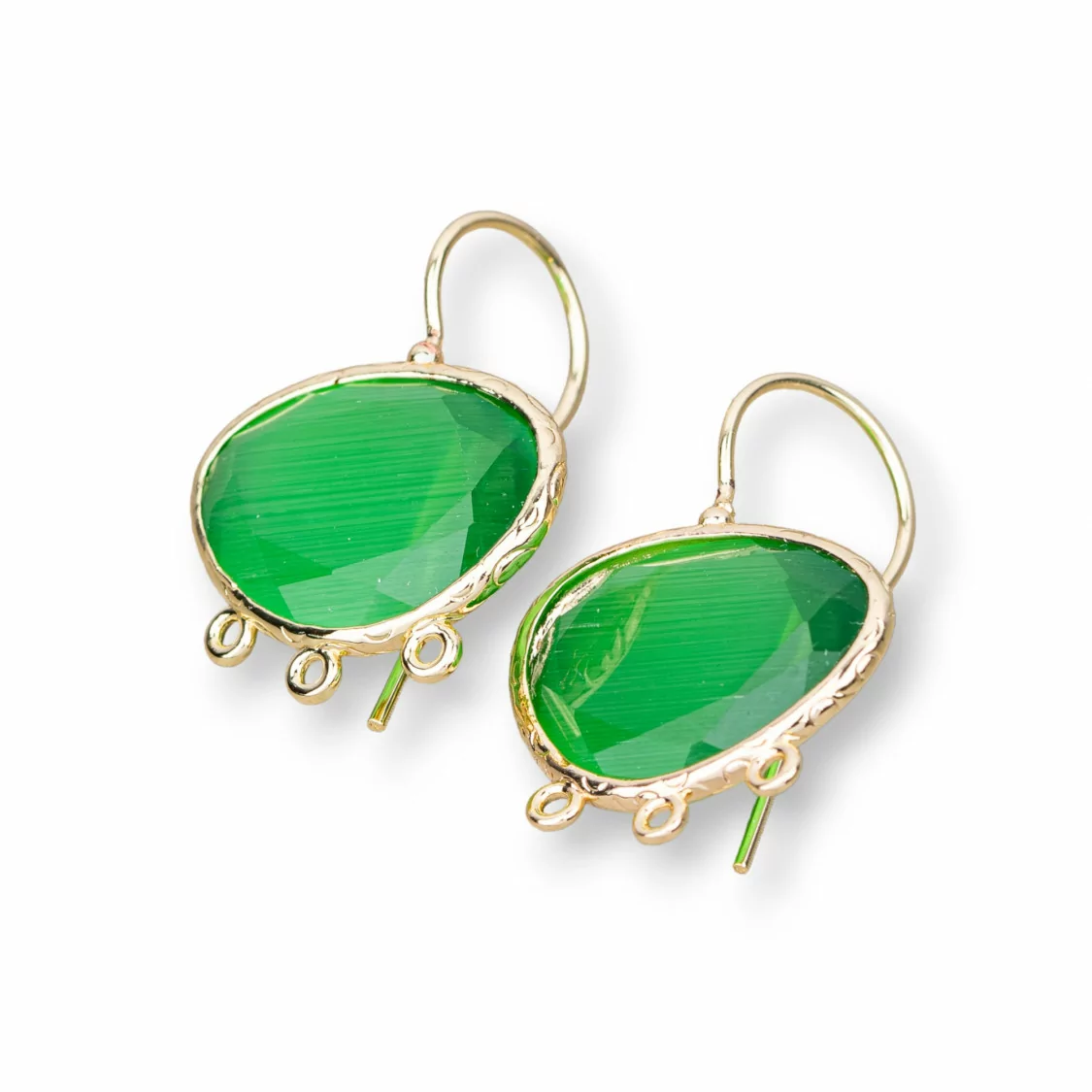 Base Per Orecchini A Monachella Di Bronzo Con Occhio Di Gatto Mango Bordato 22x30mm Con 3 Anellini 3 Paia Verde-BASI CON PIETRE E PERLINE | Worldofjewel.com