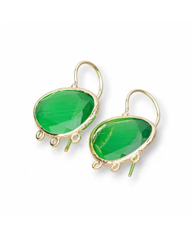 Base Per Orecchini A Monachella Di Bronzo Con Occhio Di Gatto Mango Bordato 22x30mm Con 3 Anellini 3 Paia Verde-BASI CON PIETRE E PERLINE | Worldofjewel.com