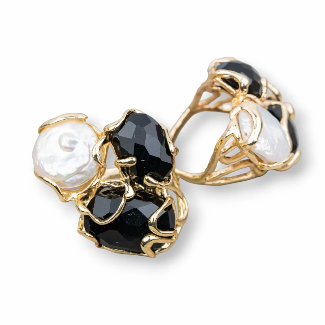 Anello Di Bronzo Collezione AURORA 32x36mm Con Occhio Di Gatto Misura Regolabile Con Perle Di Fiume Dorato Nero-ANELLI BRONZO E OCCHIO DI GATTO | Worldofjewel.com