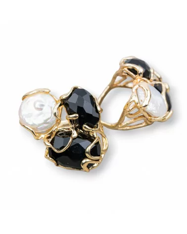 Anello Di Bronzo Collezione AURORA 32x36mm Con Occhio Di Gatto Misura Regolabile Con Perle Di Fiume Dorato Nero-ANELLI BRONZO E OCCHIO DI GATTO | Worldofjewel.com