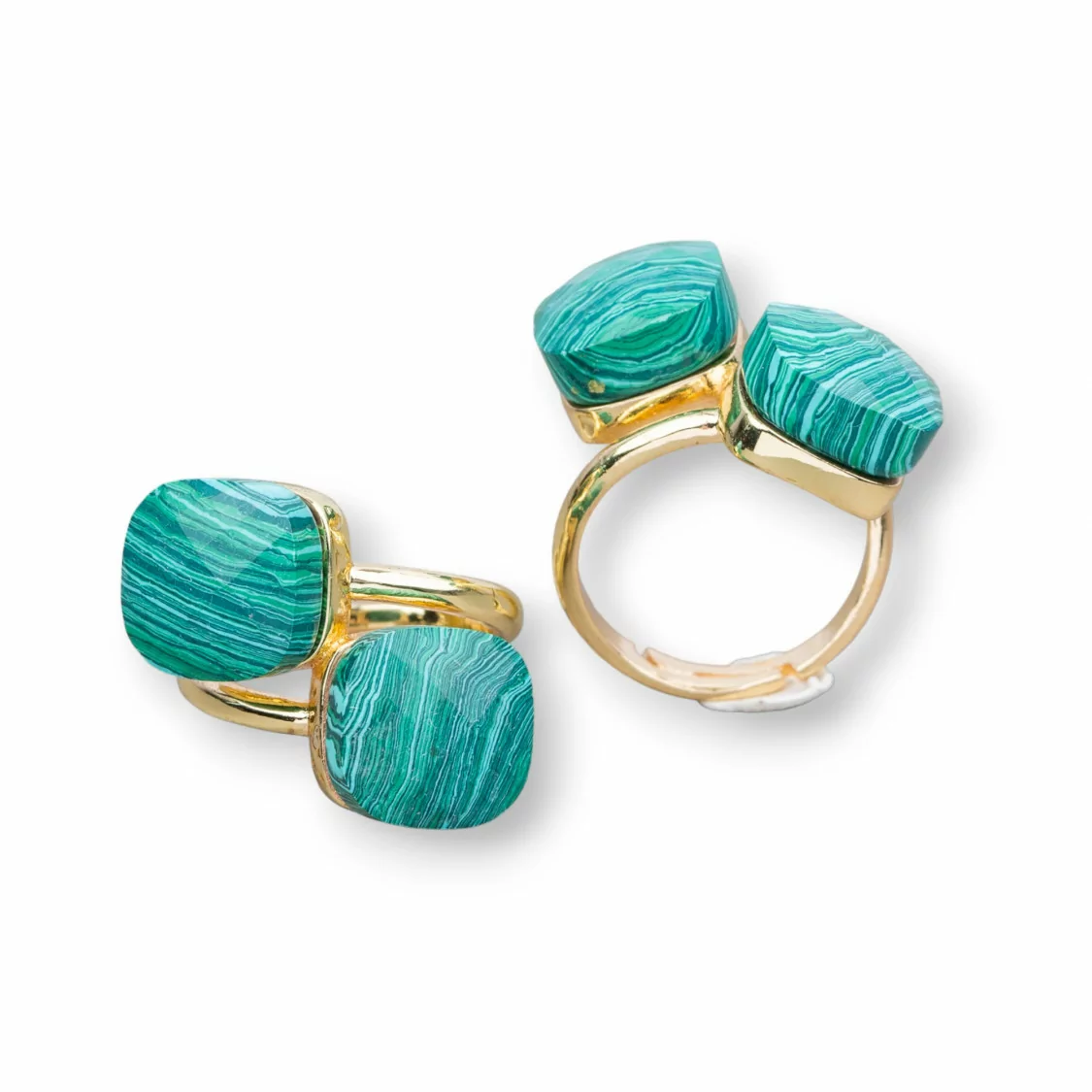 Anello Di Bronzo Con Occhio Di Gatto Doppio Quadratino Da 12mm Misura Regolabile Dorato Pasta Di Malachite-ANELLI BRONZO CON PIETRE INCASTONATE | Worldofjewel.com