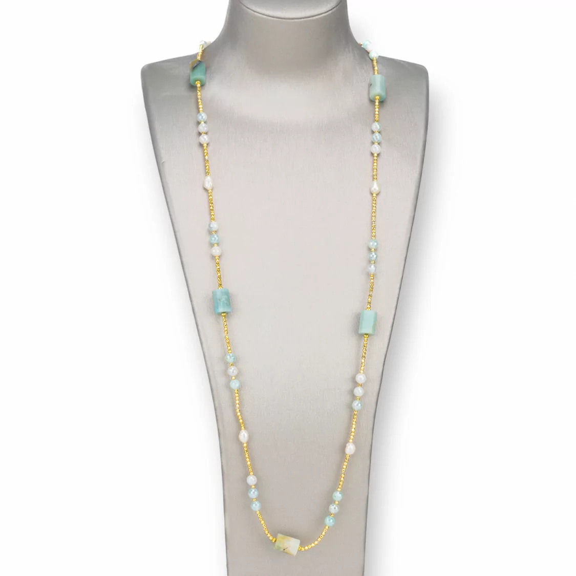 Collana Bijoux Con Perle Di Fiume, Ematite, Pietre Dure Annodate 90cm Amazzonite Chiaro-DESIGN ITALY | Worldofjewel.com