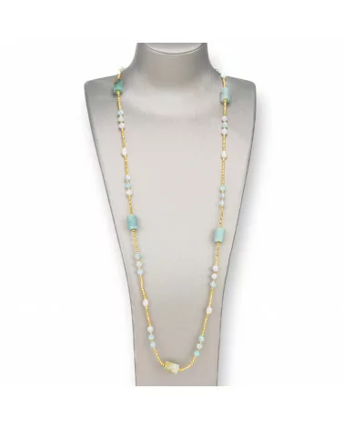 Collana Bijoux Con Perle Di Fiume, Ematite, Pietre Dure Annodate 90cm Amazzonite Chiaro-DESIGN ITALY | Worldofjewel.com