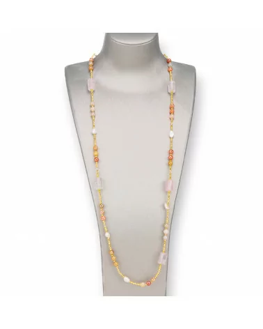 Collana Bijoux Con Perle Di Fiume, Ematite, Pietre Dure Annodate 90cm Arancio e Quarzo Rosa-DESIGN ITALY | Worldofjewel.com