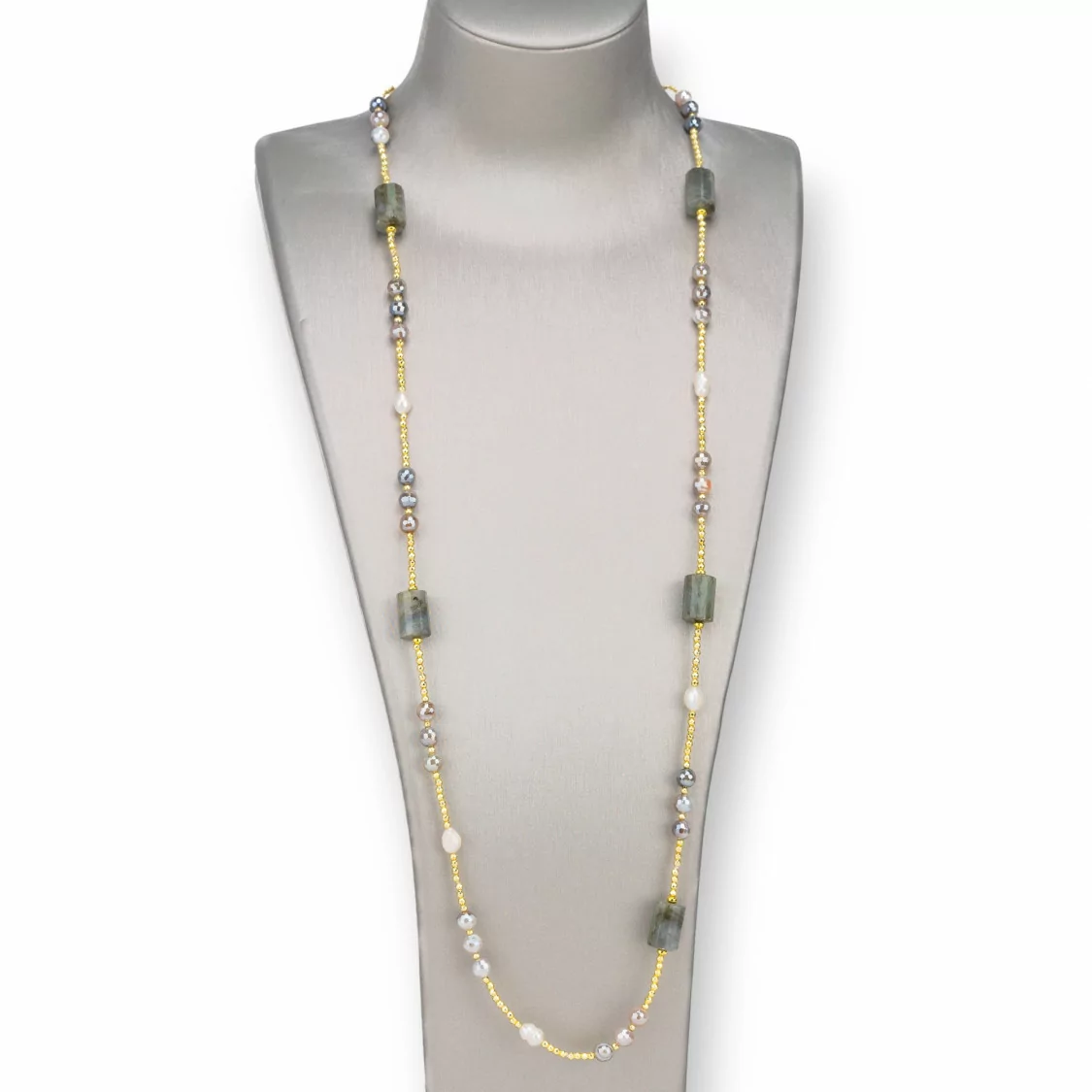 Collana Bijoux Con Perle Di Fiume, Ematite, Pietre Dure Annodate 90cm Labradorite-DESIGN ITALY | Worldofjewel.com