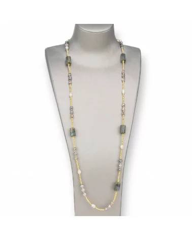 Collana Bijoux Con Perle Di Fiume, Ematite, Pietre Dure Annodate 90cm Labradorite-DESIGN ITALY | Worldofjewel.com