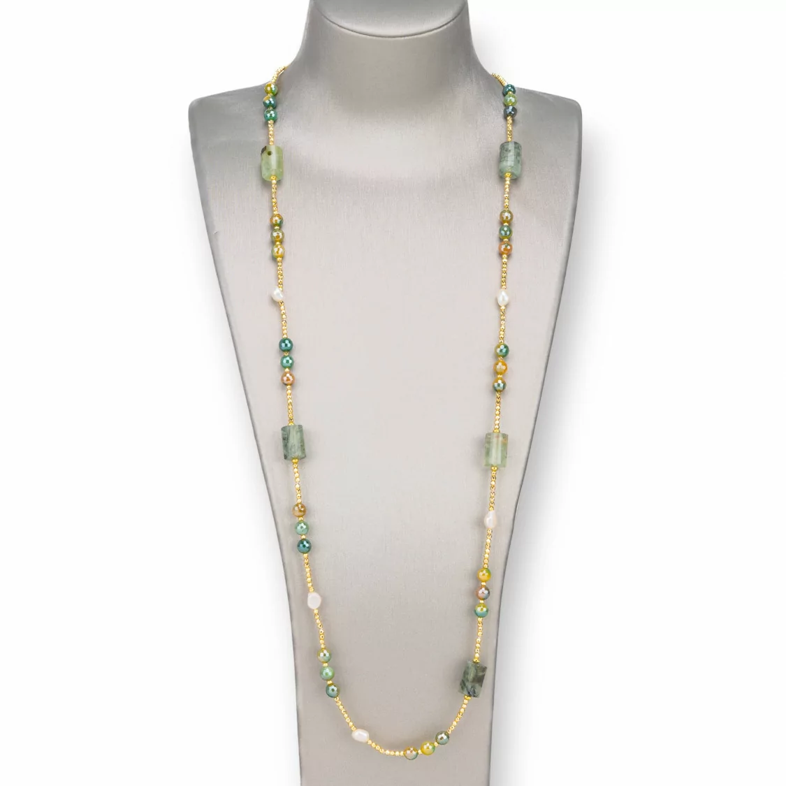 Collana Bijoux Con Perle Di Fiume, Ematite, Pietre Dure Annodate 90cm Prenite-DESIGN ITALY | Worldofjewel.com