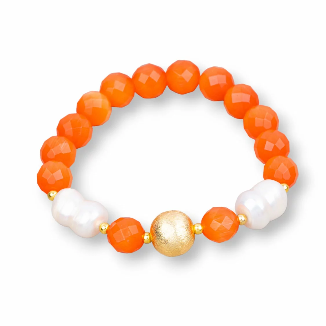 Bracciale Elastico Di Occhio Di Gatto 8mm Con Perle Di Fiume E Pallina Di Bronzo Arancio Bianco-BRACCIALI DI PIETRE E PERLE | Worldofjewel.com