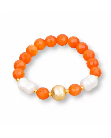 Bracciale Elastico Di Occhio Di Gatto 8mm Con Perle Di Fiume E Pallina Di Bronzo Arancio Bianco-BRACCIALI DI PIETRE E PERLE | Worldofjewel.com