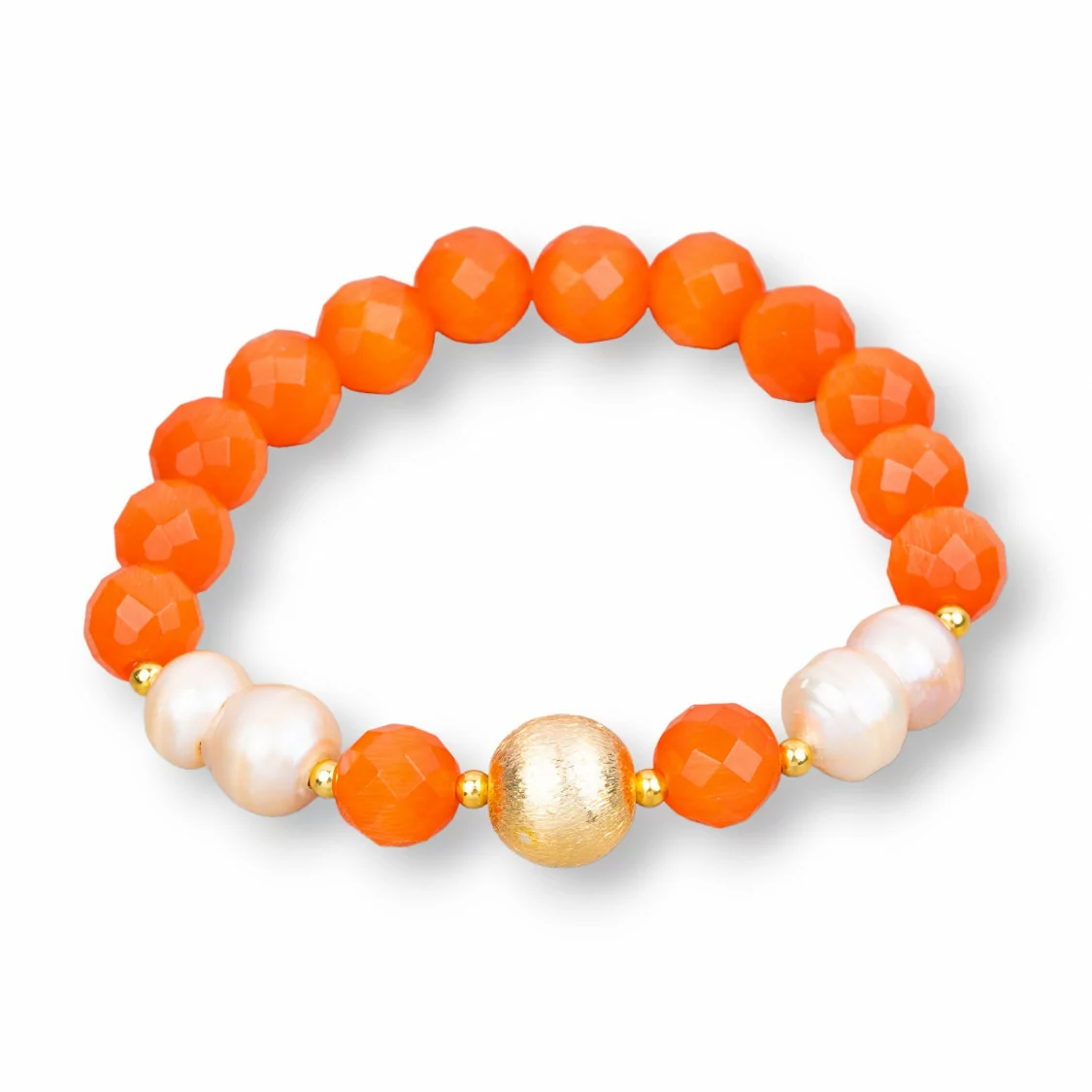 Bracciale Elastico Di Occhio Di Gatto 8mm Con Perle Di Fiume E Pallina Di Bronzo Arancio Rosa-BRACCIALI DI PIETRE E PERLE | Worldofjewel.com