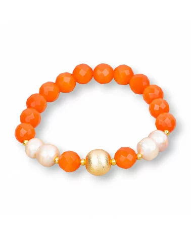 Bracciale Elastico Di Occhio Di Gatto 8mm Con Perle Di Fiume E Pallina Di Bronzo Arancio Rosa-BRACCIALI DI PIETRE E PERLE | Worldofjewel.com