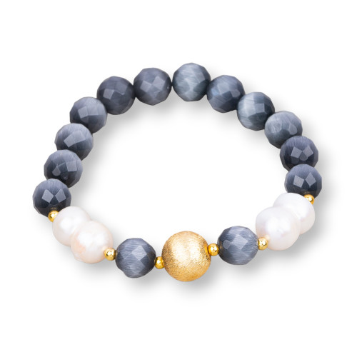 Bracciale Elastico Di Occhio Di Gatto 08mm Con Perle Di Fiume E Pallina Di Bronzo Grigio Bianco